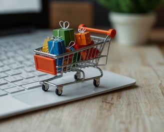 a shopping cartonce with a shopping cartonce in front of a laptop