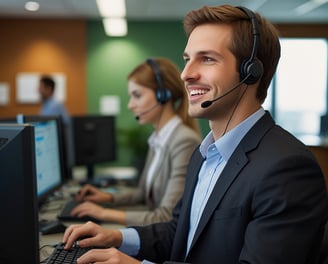 a man in a suit and a woman in a headset