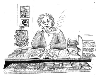 Illustration of Madge, the shopkeeper, from Buttons, The First tale of Joey Bananas