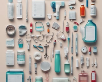 An assortment of medical supplies is scattered on a concrete floor, including syringes, vials, and medical bags filled with other equipment. The items appear to be part of an emergency medical kit or a mobile health unit.