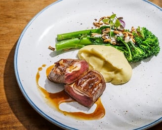 a plate of food with meat and vegetables