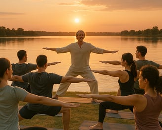 a man standing on a yoga mat in a yoga pose in front of students