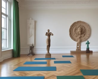 A person is practicing yoga on a blue mat in an art gallery setting. The room has wooden floors and is decorated with sculptures placed on pedestals. The background features a green partition and a bust sculpture. The lighting is soft, creating a serene ambiance.
