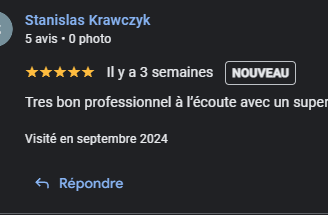 Avis Google 5 étoiles de Stanislas Krawczyk, saluant un professionnel à l'écoute avec un excellent S