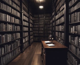 A well-organized library archive with tall wooden shelves filled with drawers and books. Rolling ladders are positioned for access to the upper shelves, which are primarily stocked with bound volumes in assorted colors, predominantly reds and browns.