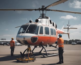 A yellow helicopter is parked with its doors open, revealing an interior filled with medical equipment and a stretcher. A person in a pilot uniform labeled 'PILOTE HELISMUR' is standing nearby on the red landing pad. The surroundings include green grass and a building.