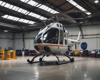 A civil helicopter in a hangar