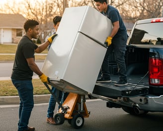 Men loading a large appliance, a junk refrigerator, into the back of a black pickup truck.