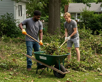 Removing yard debris from a customer's lawn.