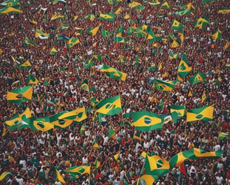 A music concert stage is brightly lit with blue and white spotlights, featuring a person holding a large Brazilian flag at the center. The event appears festive, with visible audience members in the foreground and large screens flanking the stage.