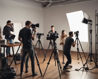 A wooden table with a laptop displaying photo editing software, alongside a graphics tablet, pen, DSLR camera, camera lens, and a smartphone.