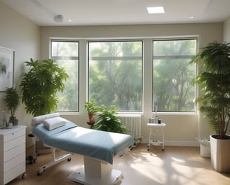 A dimly lit room contains a medical examination table covered with a white sheet. Wooden-framed windows line the wall, letting in diffused natural light. There are multiple bowls on a table to the left, and two woven baskets are placed on a table to the right, both draped with white cloth. The atmosphere is minimal and quiet.