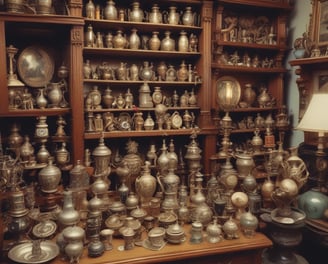 An antique setting displaying various vintage items including an old gramophone, a record player with a decorative brass horn, and numerous ornate brass and wooden objects. The scene appears to be outdoors, possibly at a market or fair, with several parked cars and trees visible in the background.