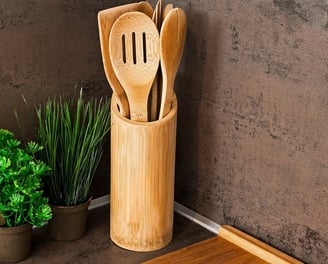 Relaxdays keukengerei set bamboe - 7-delige kookgereiset met houder - keukenaccessoires