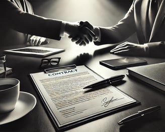 Fotografía ultra realista en blanco y negro de la negociación y firma de un contrato