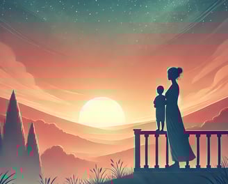 a woman and a child are standing on a balcony railing