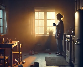 a woman standing in a kitchen with a cup of coffee