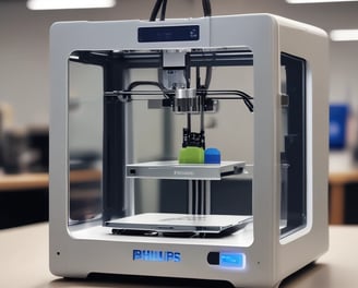 A laser engraving or cutting machine is positioned above a metallic surface, with its nozzle directed downward. The machine features warning labels, and the environment appears industrial, with a grid-like surface underneath.