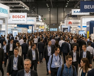 a large group of people walking through a large room