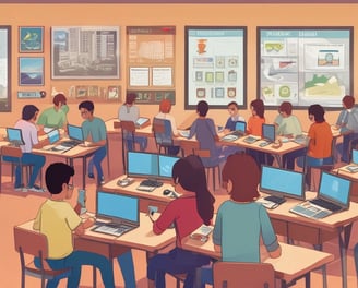 A classroom setting with children sitting at desks and an adult woman standing and interacting with them. The classroom has posters and decorations on the walls, including an alphabet and numbers chart, and a chalkboard with instructions. The woman is holding some items in her hands and seems to be engaging with the children, who are looking at her attentively.