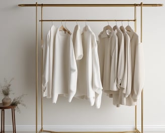 A well-lit clothing store interior featuring neatly arranged racks of clothing. There are various sections with diverse apparel including shirts, jackets, and pants in multiple colors. The center displays handbags and a table with folded clothes. The store has a modern design with wooden flooring and spotlights on the ceiling.
