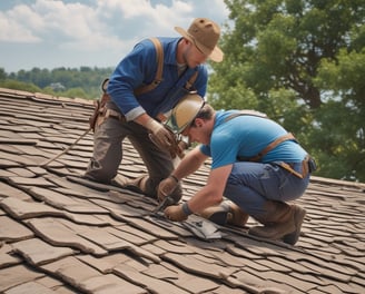 A person wearing a wide-brimmed straw hat is working on repairing or inspecting a roof made up of traditional grey tiles. The roof tiles are arranged in an overlapping pattern and show various shades of grey, with patches of moss or discoloration.