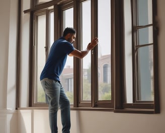 A person cleans the interior of a yellow taxi, with reflections of trees visible on the car window. The person appears to be focused on their task, using a red cloth to wipe the inside of the window. There is a blue car parked in the background.