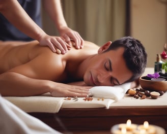 A person with long hair lies on a massage table, receiving a massage on the upper back. A small butterfly tattoo is visible on their back. The setting appears to be serene and calming, with a plant in the foreground adding a touch of nature.