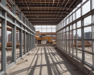 A construction site covered with blue scaffolding is visible. Several signs and banners advertising construction companies and services are attached to the scaffolding. There are details indicating restoration work being done, including contact information and project descriptions.