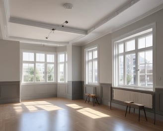 A construction site is visible with scaffolding along the side of a building. A yellow portable toilet stands on one side, featuring a sign with contact information. The construction area shows some building materials and a partially built structure, with a narrow view of windows from an adjacent building.