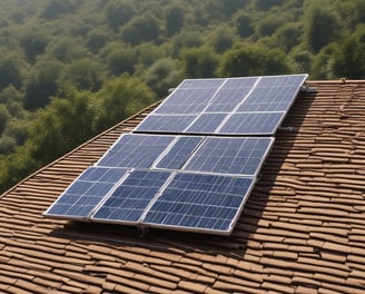 Two individuals are working on a rooftop adorned with rows of green, orange, and red shingles. One person is crouching down while the other is kneeling near a solar panel.