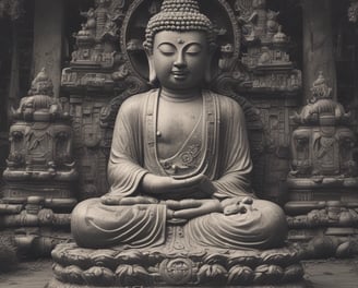 A large Buddha statue is positioned on a hill, partially obscured by an ornate traditional Asian architectural structure. The building features intricate carvings and Chinese script. Trees are visible in the background, enhancing the serene atmosphere.