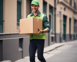 A delivery person is reclining on a blue scooter with a large Lazada-branded cargo box. The person is casually using a smartphone. The cargo box features a green and orange logo and the text 'Ship xanh, giao nhanh'. The setting appears to be an outdoor location with a worn plaster wall and some grass and stones on the ground.