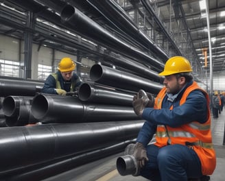 A group of four men are working together to install or repair a vertical pipe outdoors. They are holding and adjusting the pipe, which is situated in a narrow concrete trench with some type of machinery at the base. The surrounding environment includes grassy areas, some bushes, and trees. There are cables lying around on the grass, and it appears to be a somewhat overcast day.