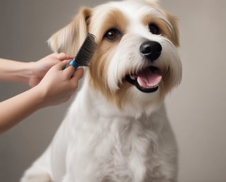 A small, fluffy dog with a gray and white coat is standing on a grooming table, attached with a blue harness. The room is well-lit with large windows and contains grooming equipment including dryers and a pair of scissors. Another dog, partially visible, is on a similar table in the background.