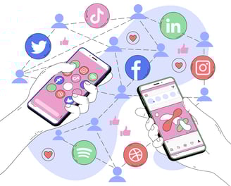 Smartphones con redes sociales como Facebook, Instagram, LinkedIn y Twitter conectados entre sí