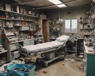 A workbench is cluttered with technology repair tools and disassembled electronic devices. Multiple laptops are open, and an overhead lamp provides focused lighting on the workspace. A backpack sits at the back, amidst a disarray of tools such as screwdrivers, a utility knife, and an organized box of small components. Various pieces of electronic hardware and circuit boards are spread out on the table.
