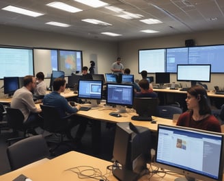 A group of people seated in a computer lab, each facing a desktop computer. The monitors display a website with text and colorful graphics. The room is dimly lit, with a presentation projected on a screen in the background. One person is holding a phone, and there are books or notebooks on the desk.