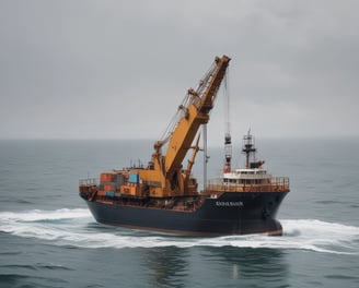 A blue and red dredging machine floats on a calm, reflective body of water, surrounded by lush green trees and vegetation. The machine is equipped with multiple attachments and appears to be in operation, with various mechanical parts visible.