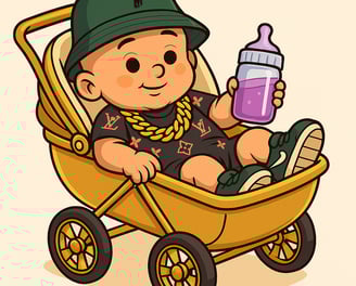 Illustration eines stilvoll gekleideten Baby-Charakters mit grünem Bucket Hat und goldener Kette, entspannt in einem goldene