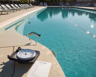 a clock on a table next to a pool