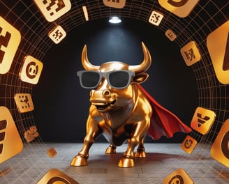 a gold bull with a red cape cape caper on it