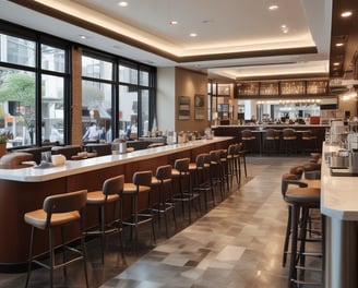A modern and bright cafe interior featuring turquoise and white tiled walls and floors. The space includes shelves stocked with various goods, a counter displaying snacks and drinks, and menu boards hanging above. Plants in stylish pots add a touch of greenery to the decor. Hanging pendant lights illuminate the area, while a sign lists catering, wine, gifts, bakery, espresso, and sandwiches.