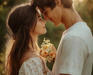 Fotografia de dos adolescentes viéndose cara a cara sonriendo y tomando flores en las manos 