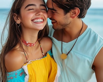 Fotografía de una pareja de adolescentes sonriendo y abrazándose en la playa 