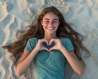 Fotografía de una adolescente recostada sobre arena en la playa haciendo un corazón con sus manos 