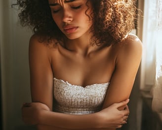 Fotografía de una adolescente rodeando su vientre con sus brazos y con cara de dolor 