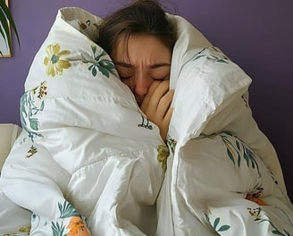 Fotografía de una adolescente cubierta de un edredón enferma 