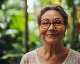 Mujer mayor sonriendo con lentes, aretes largos y un fondo tropical 