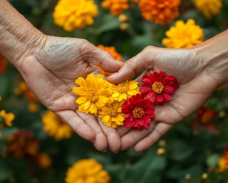 dos manos de una persona mayor ofreciendo flores amarillas y rojas en forma de corazón 